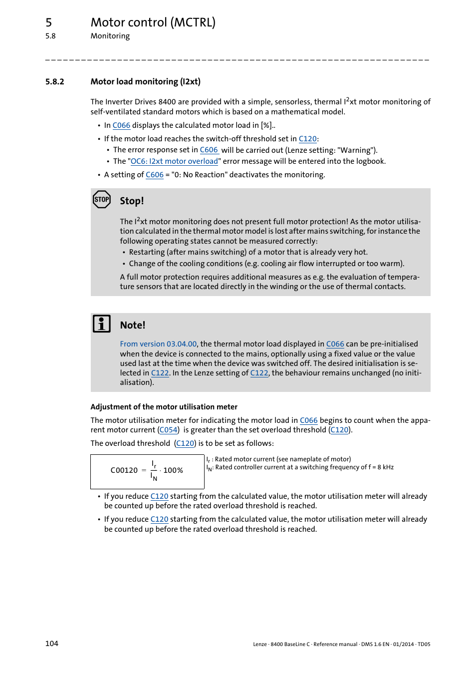 2 motor load monitoring (i2xt), Motor load monitoring (i2xt), 5motor control (mctrl) | Stop | Lenze 8400 BaseLine C User Manual | Page 104 / 342