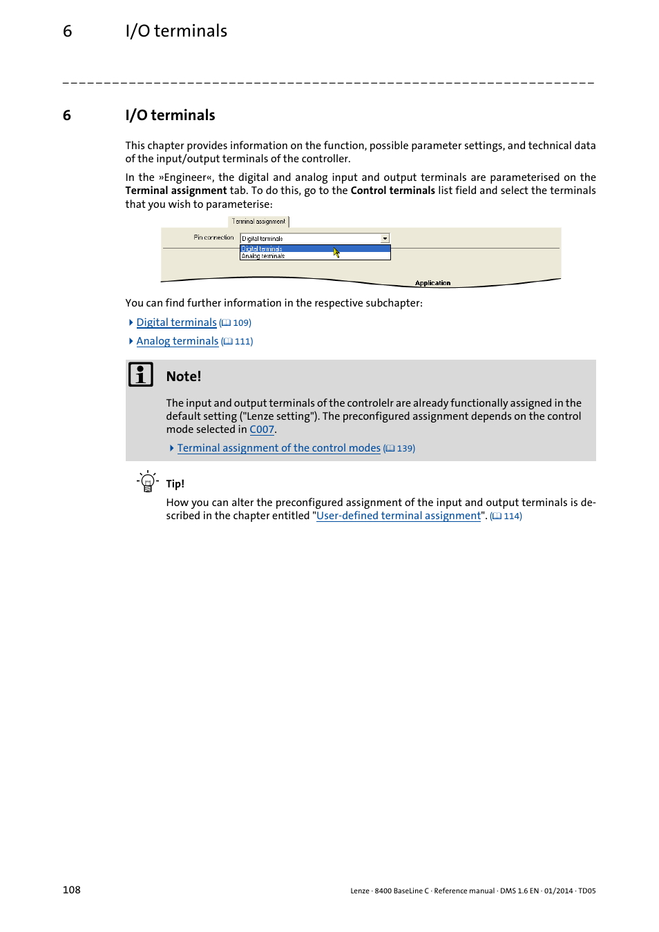 6 i/o terminals, Terminals, 6i/o terminals | Lenze 8400 BaseLine C User Manual | Page 108 / 342