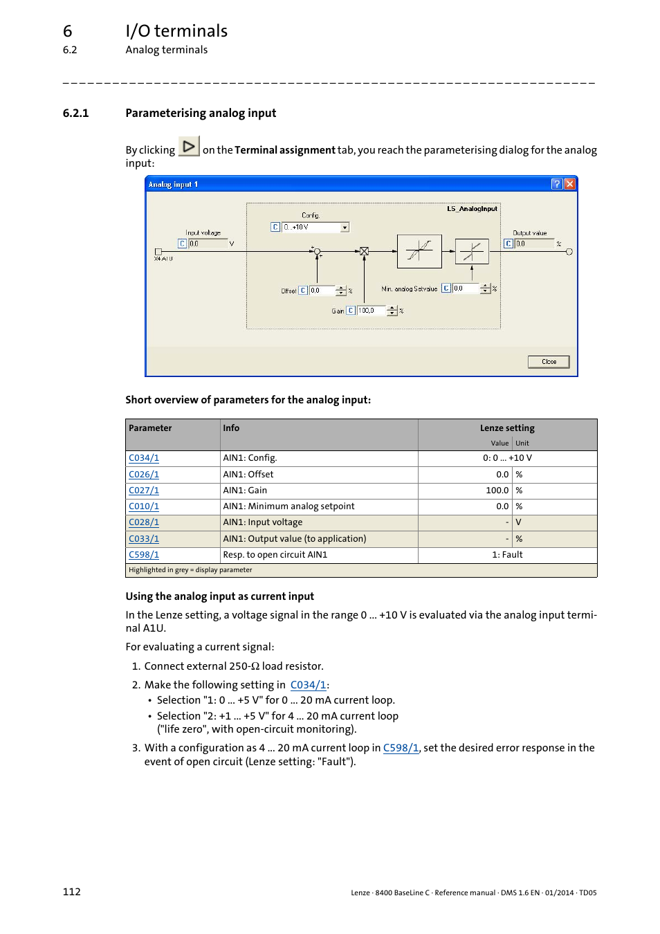 1 parameterising analog input, Parameterising analog input, 6i/o terminals | Lenze 8400 BaseLine C User Manual | Page 112 / 342
