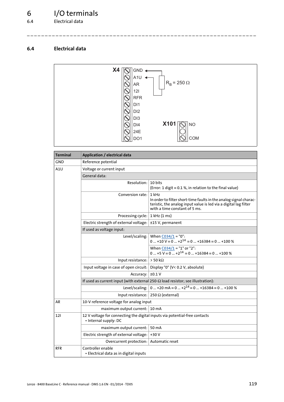 4 electrical data, Electrical data, 6i/o terminals | X101 | Lenze 8400 BaseLine C User Manual | Page 119 / 342