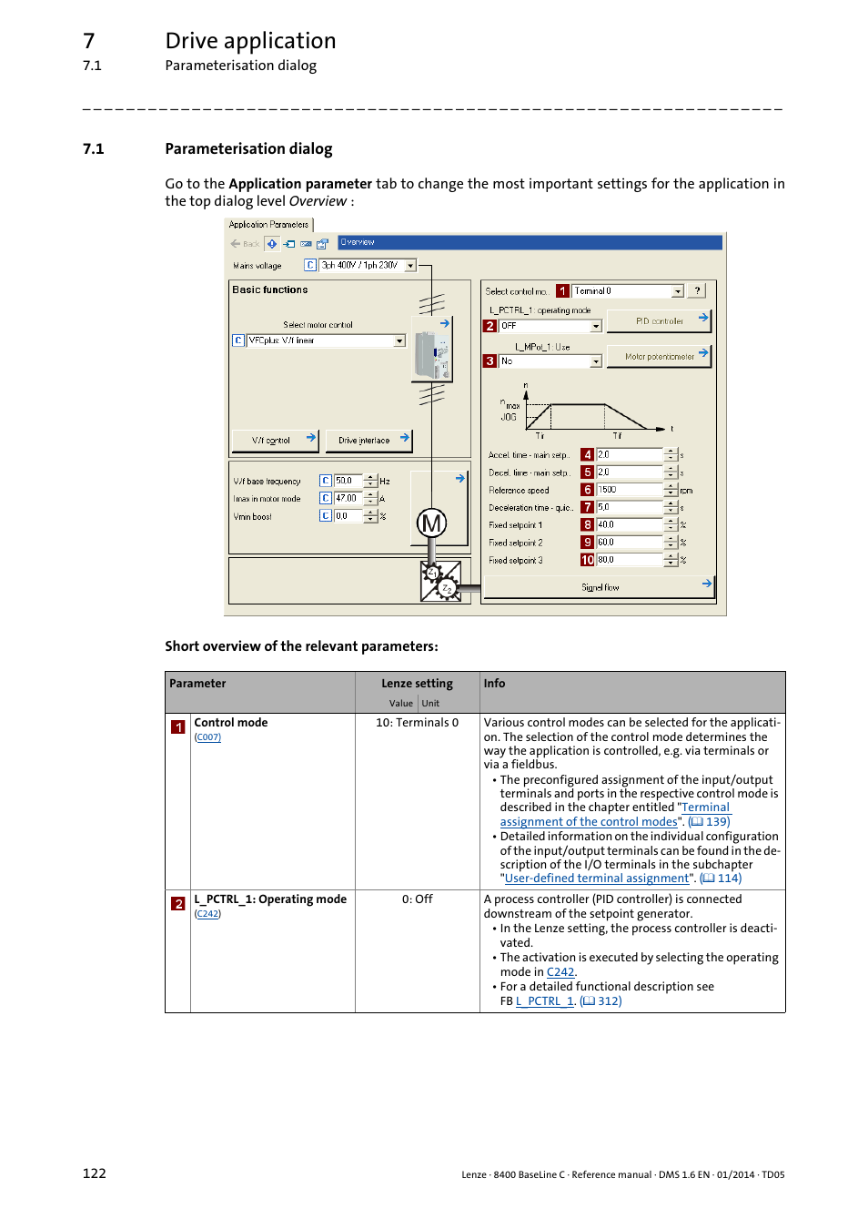 1 parameterisation dialog, Parameterisation dialog, 7drive application | Lenze 8400 BaseLine C User Manual | Page 122 / 342