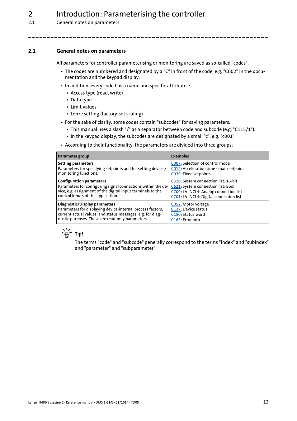 1 general notes on parameters, General notes on parameters, 2introduction: parameterising the controller | Lenze 8400 BaseLine C User Manual | Page 13 / 342