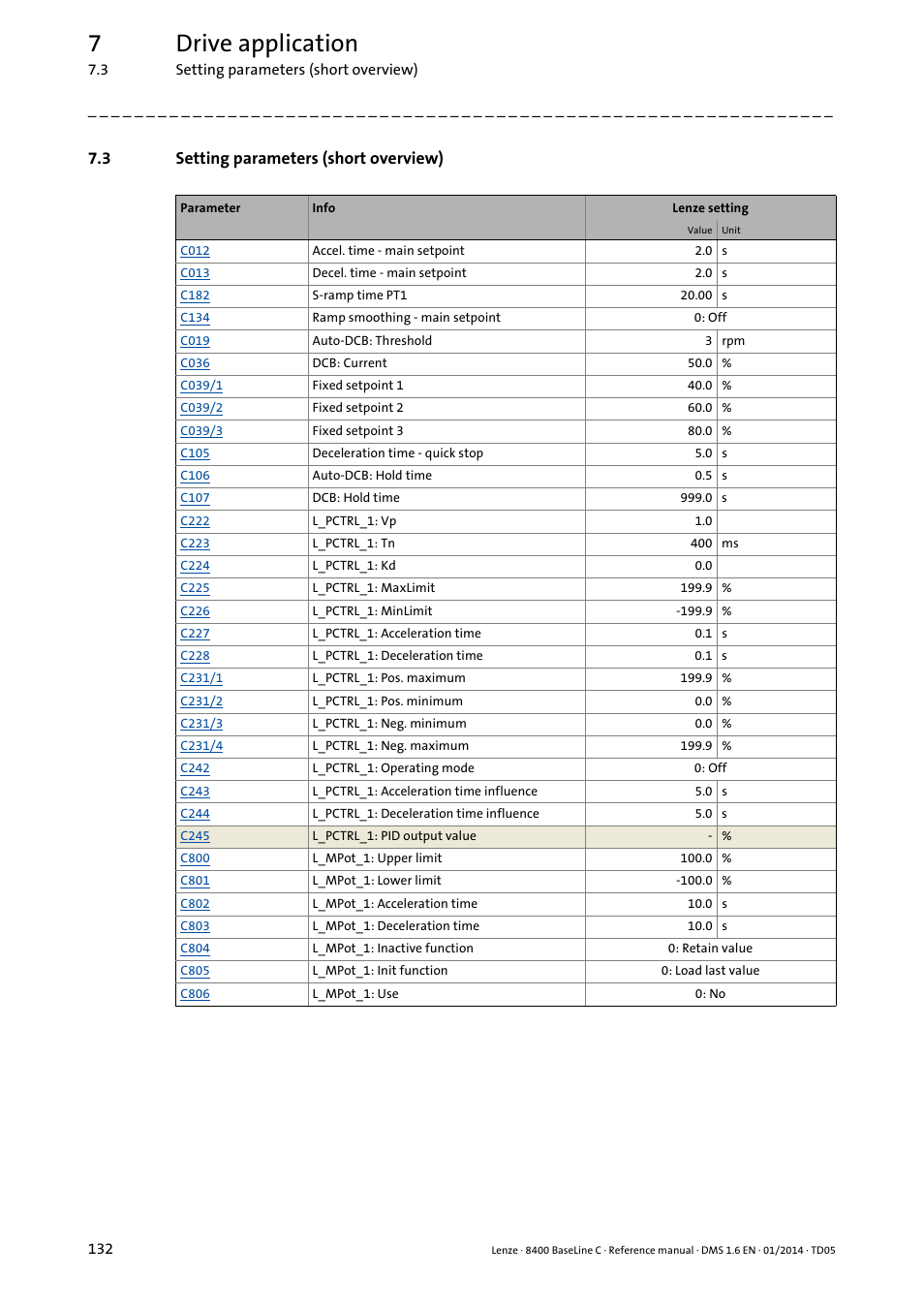 3 setting parameters (short overview), Setting parameters (short overview), 7drive application | Lenze 8400 BaseLine C User Manual | Page 132 / 342