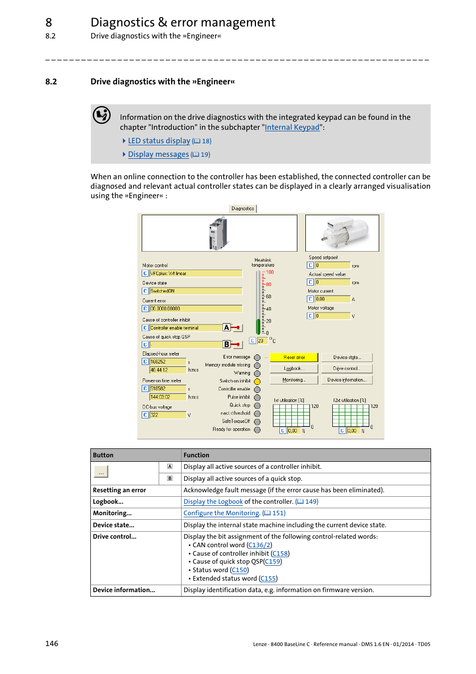 2 drive diagnostics with the »engineer, Drive diagnostics with the »engineer, 8diagnostics & error management | Lenze 8400 BaseLine C User Manual | Page 146 / 342