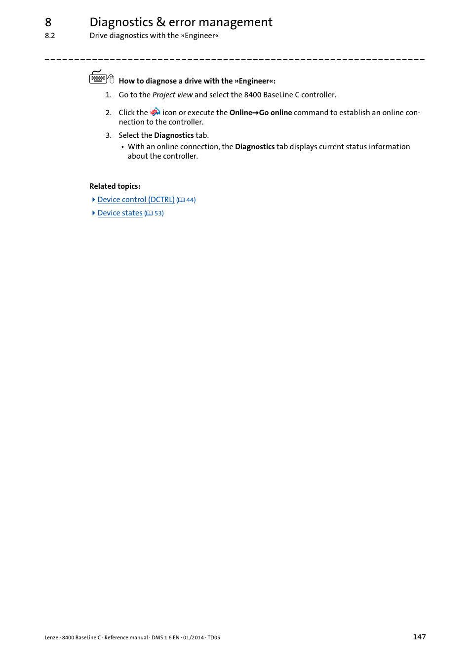 8diagnostics & error management | Lenze 8400 BaseLine C User Manual | Page 147 / 342