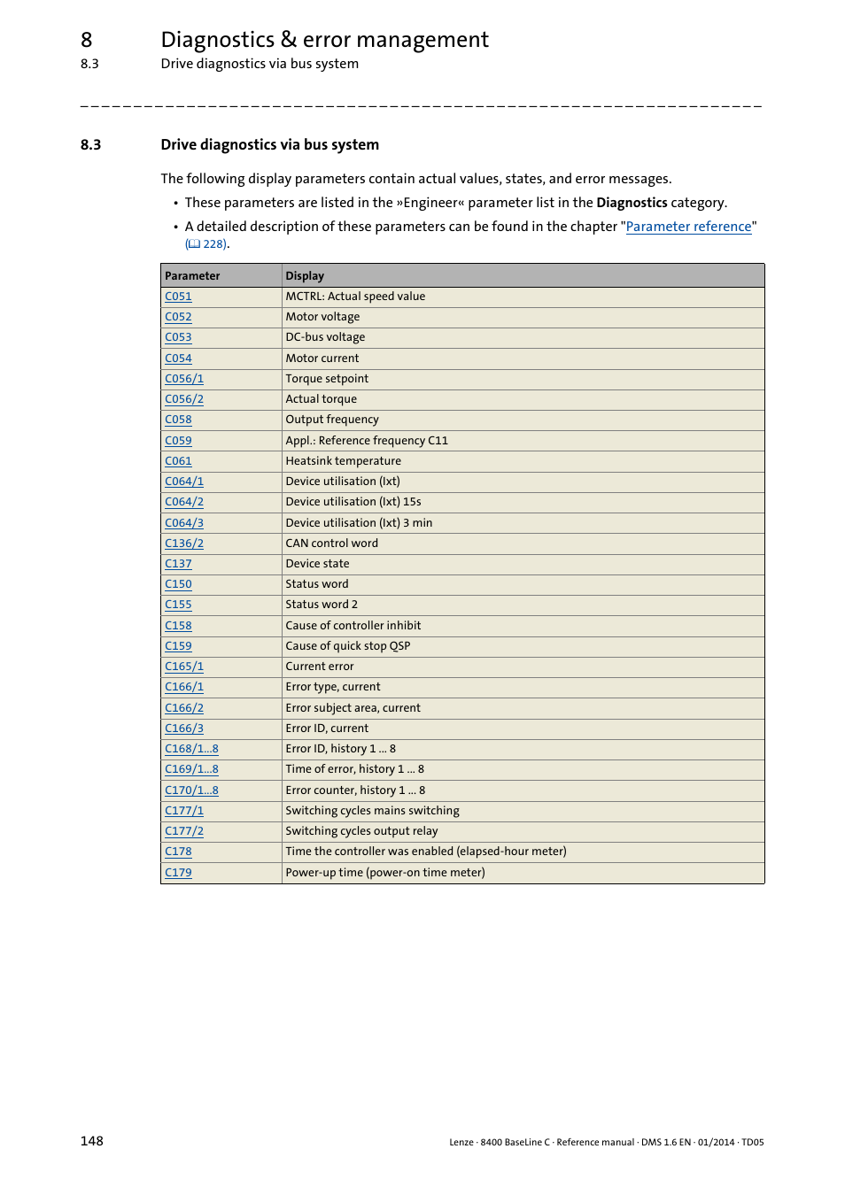 3 drive diagnostics via bus system, Drive diagnostics via bus system, 8diagnostics & error management | Lenze 8400 BaseLine C User Manual | Page 148 / 342