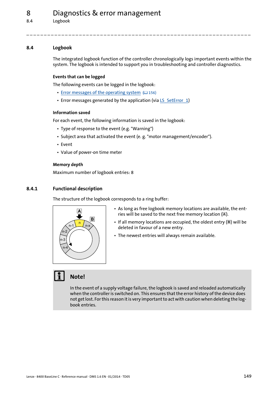 4 logbook, 1 functional description, Logbook | Functional description, Y the logbook, 8diagnostics & error management | Lenze 8400 BaseLine C User Manual | Page 149 / 342