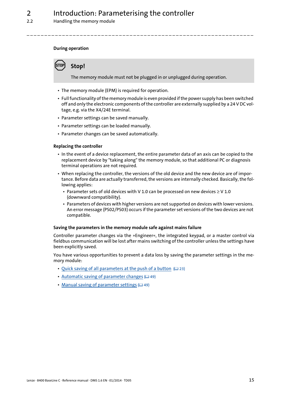 2introduction: parameterising the controller, Stop | Lenze 8400 BaseLine C User Manual | Page 15 / 342