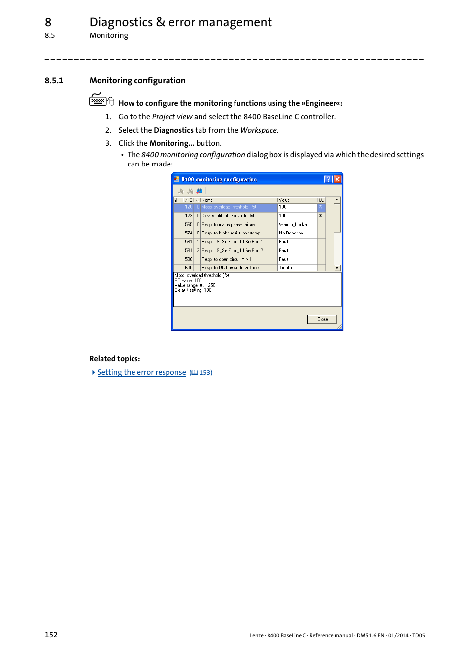 1 monitoring configuration, Monitoring configuration, 8diagnostics & error management | Lenze 8400 BaseLine C User Manual | Page 152 / 342