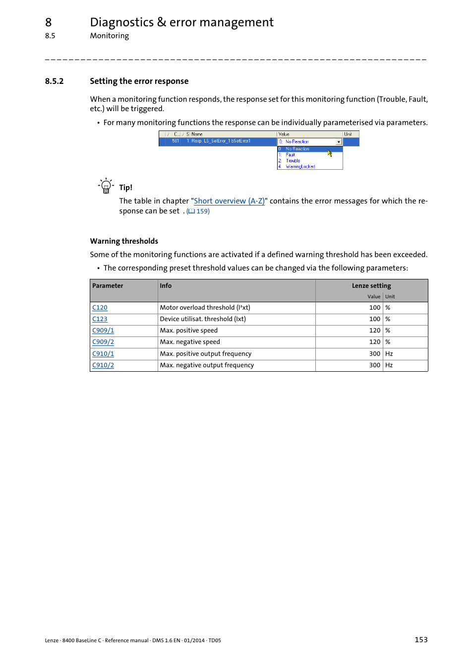 2 setting the error response, Setting the error response, 8diagnostics & error management | Lenze 8400 BaseLine C User Manual | Page 153 / 342