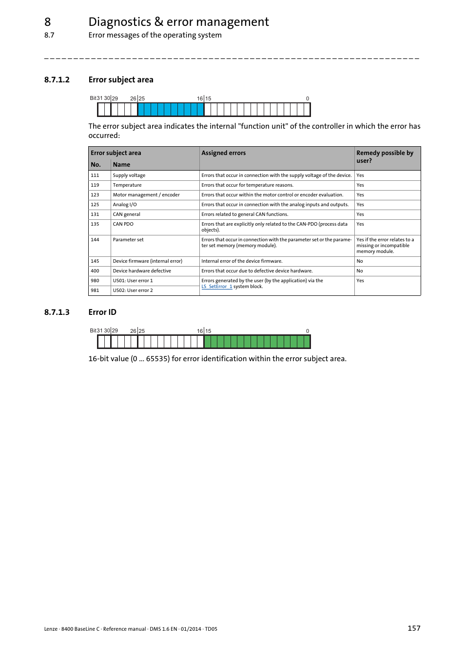 2 error subject area, 3 error id, Error subject area | Error id, 8diagnostics & error management | Lenze 8400 BaseLine C User Manual | Page 157 / 342