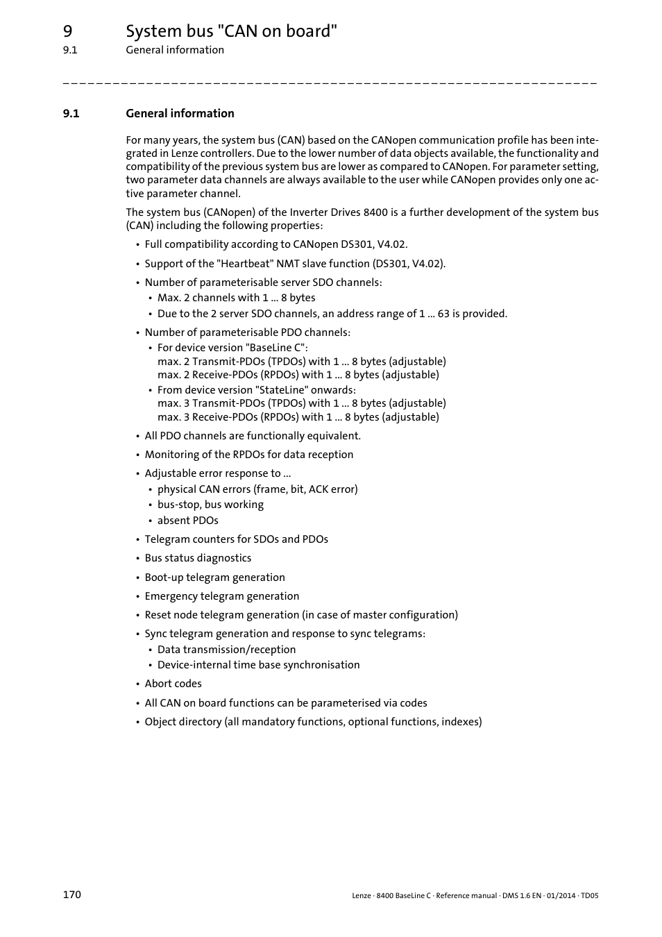 1 general information, General information, 9system bus "can on board | Lenze 8400 BaseLine C User Manual | Page 170 / 342