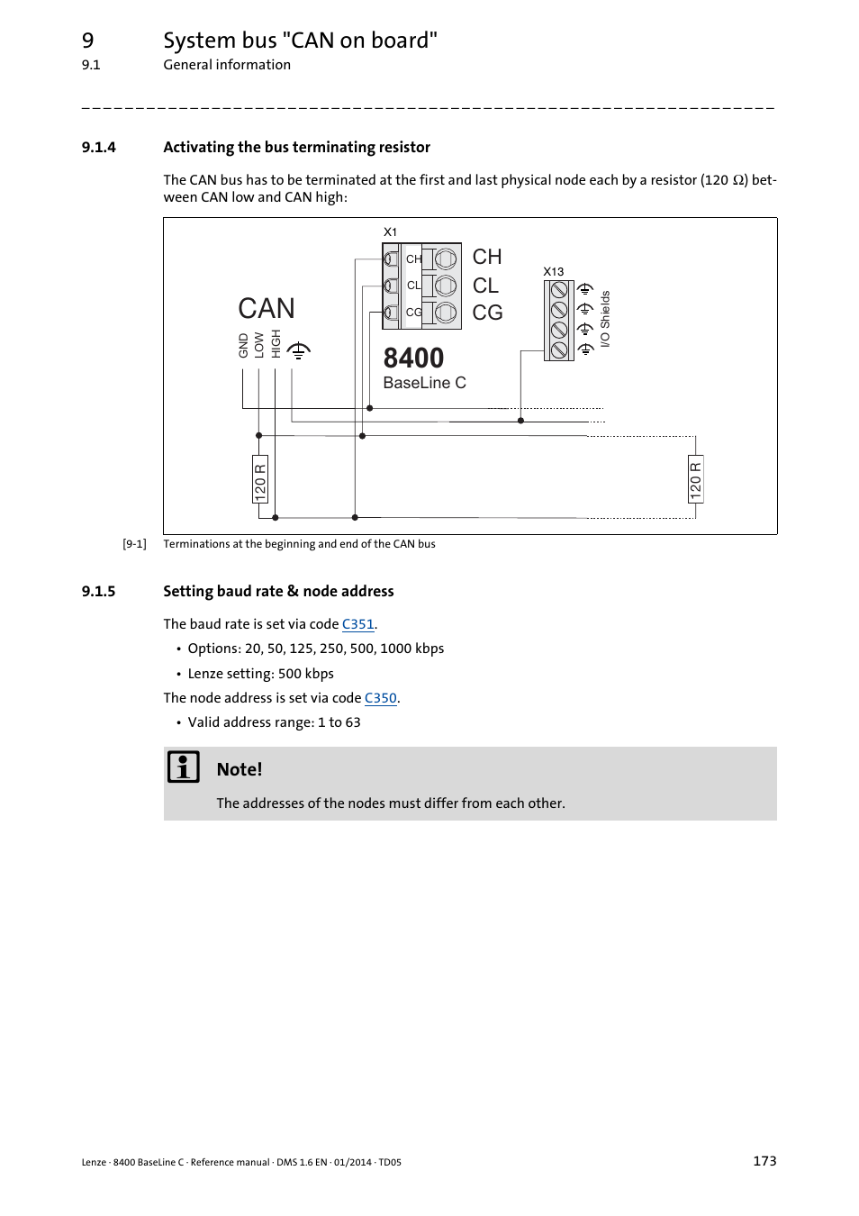 4 activating the bus terminating resistor, 5 setting baud rate & node address, Activating the bus terminating resistor | Setting baud rate & node address, 9system bus "can on board, Ch cl cg | Lenze 8400 BaseLine C User Manual | Page 173 / 342