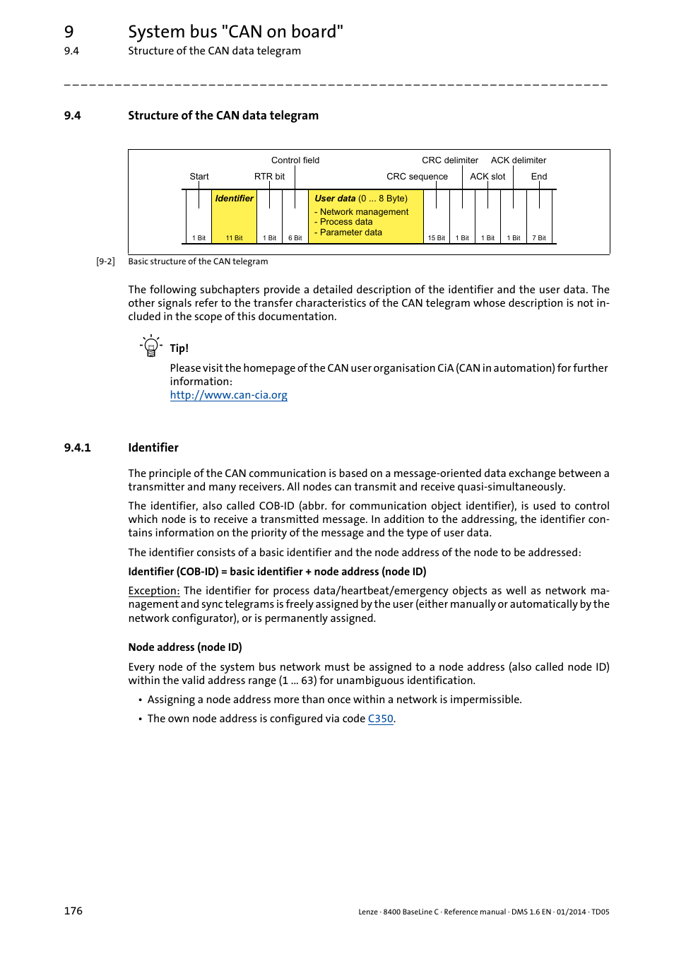 4 structure of the can data telegram, 1 identifier, Structure of the can data telegram | Identifier, 9system bus "can on board | Lenze 8400 BaseLine C User Manual | Page 176 / 342