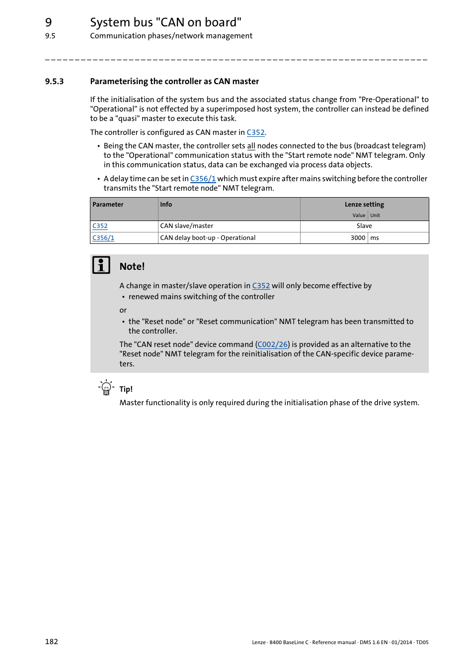 3 parameterising the controller as can master, Parameterising the controller as can master, 9system bus "can on board | Lenze 8400 BaseLine C User Manual | Page 182 / 342