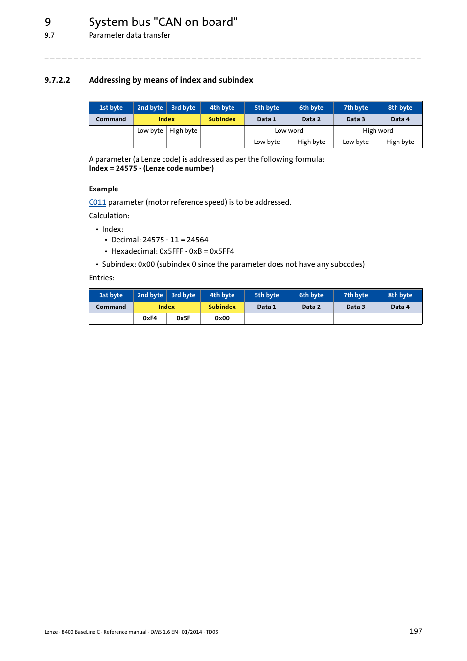 2 addressing by means of index and subindex, Addressing by means of index and subindex, 9system bus "can on board | Lenze 8400 BaseLine C User Manual | Page 197 / 342