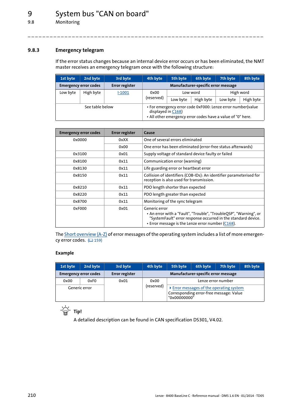 3 emergency telegram, Emergency telegram, 9system bus "can on board | Lenze 8400 BaseLine C User Manual | Page 210 / 342