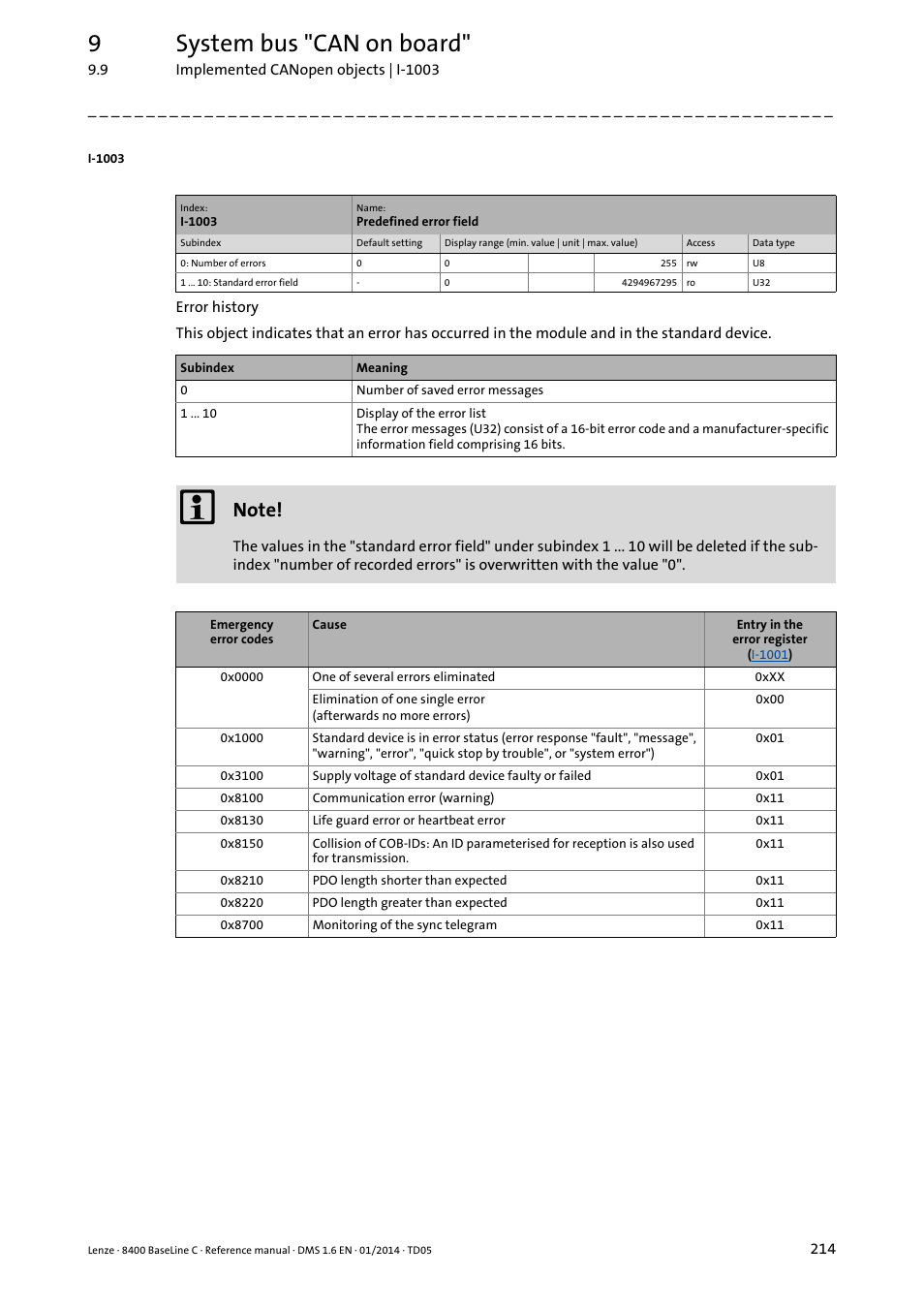 I-1003, 9system bus "can on board | Lenze 8400 BaseLine C User Manual | Page 214 / 342