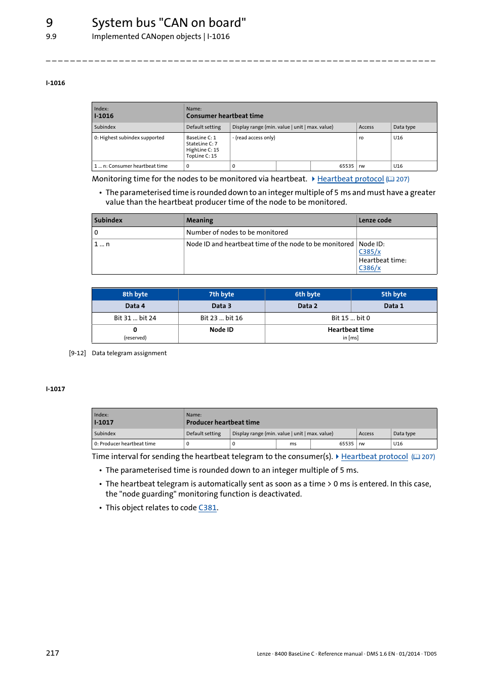 I-1017, I-1016, 9system bus "can on board | Lenze 8400 BaseLine C User Manual | Page 217 / 342