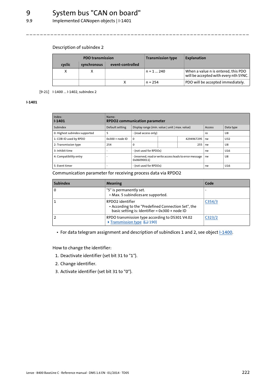 I-1401/1, I-1401, 9system bus "can on board | Lenze 8400 BaseLine C User Manual | Page 222 / 342