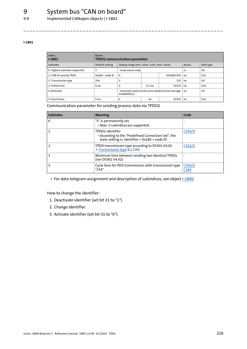 I-1801/1, I-1801, 9system bus "can on board | Lenze 8400 BaseLine C User Manual | Page 226 / 342
