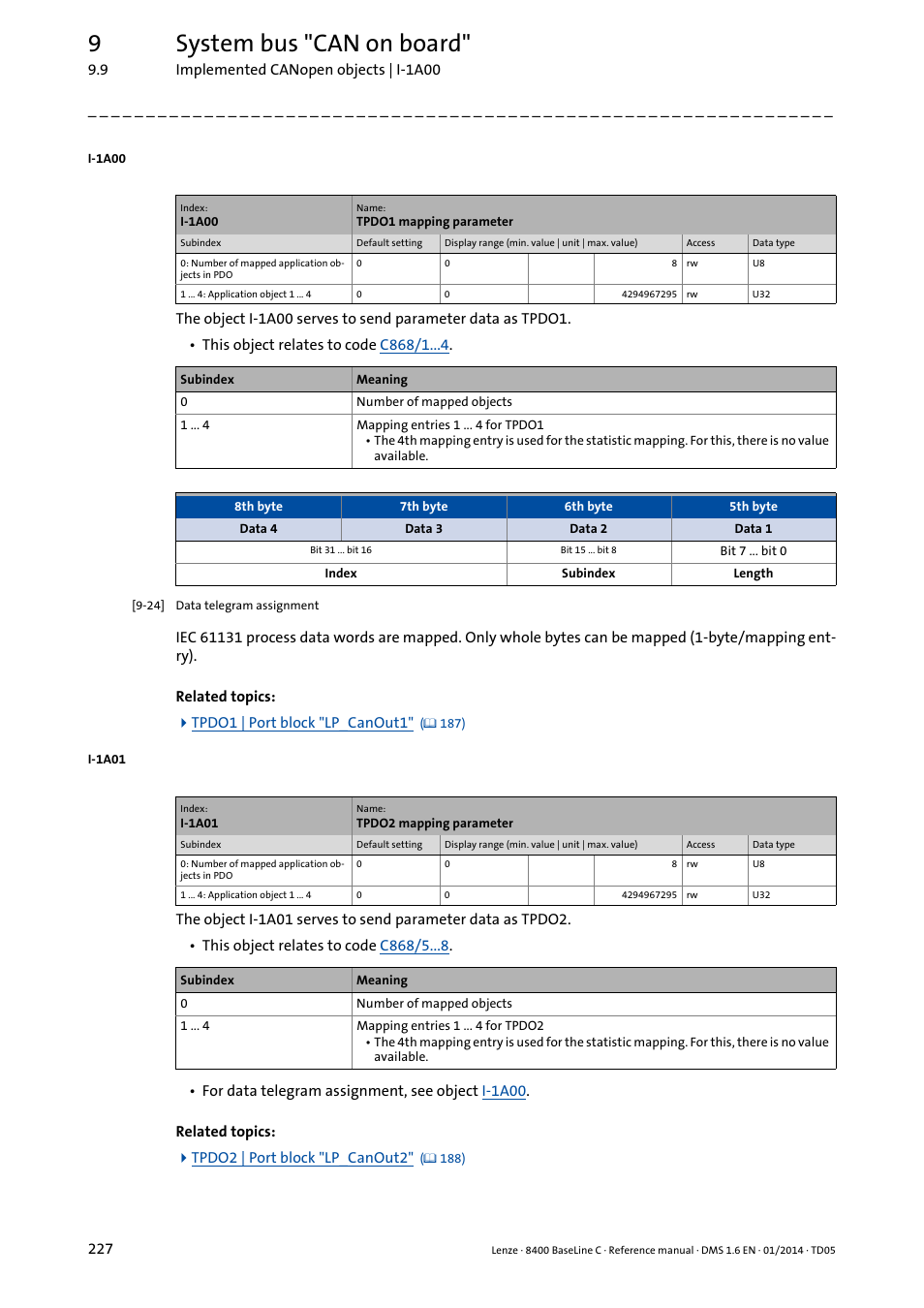 I-1a00, I-1a01, 9system bus "can on board | Lenze 8400 BaseLine C User Manual | Page 227 / 342