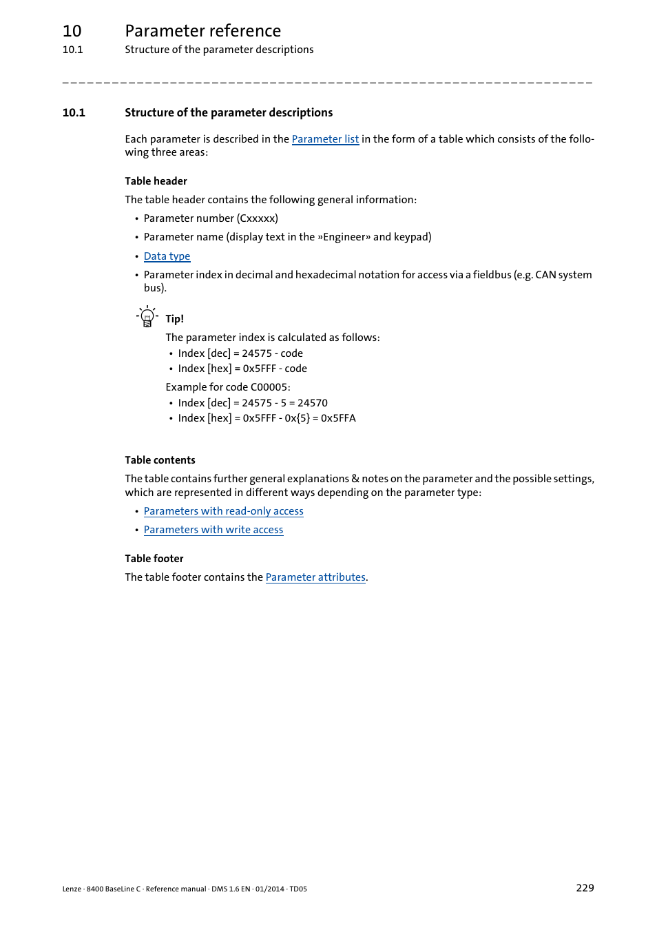 1 structure of the parameter descriptions, 10 parameter reference | Lenze 8400 BaseLine C User Manual | Page 229 / 342