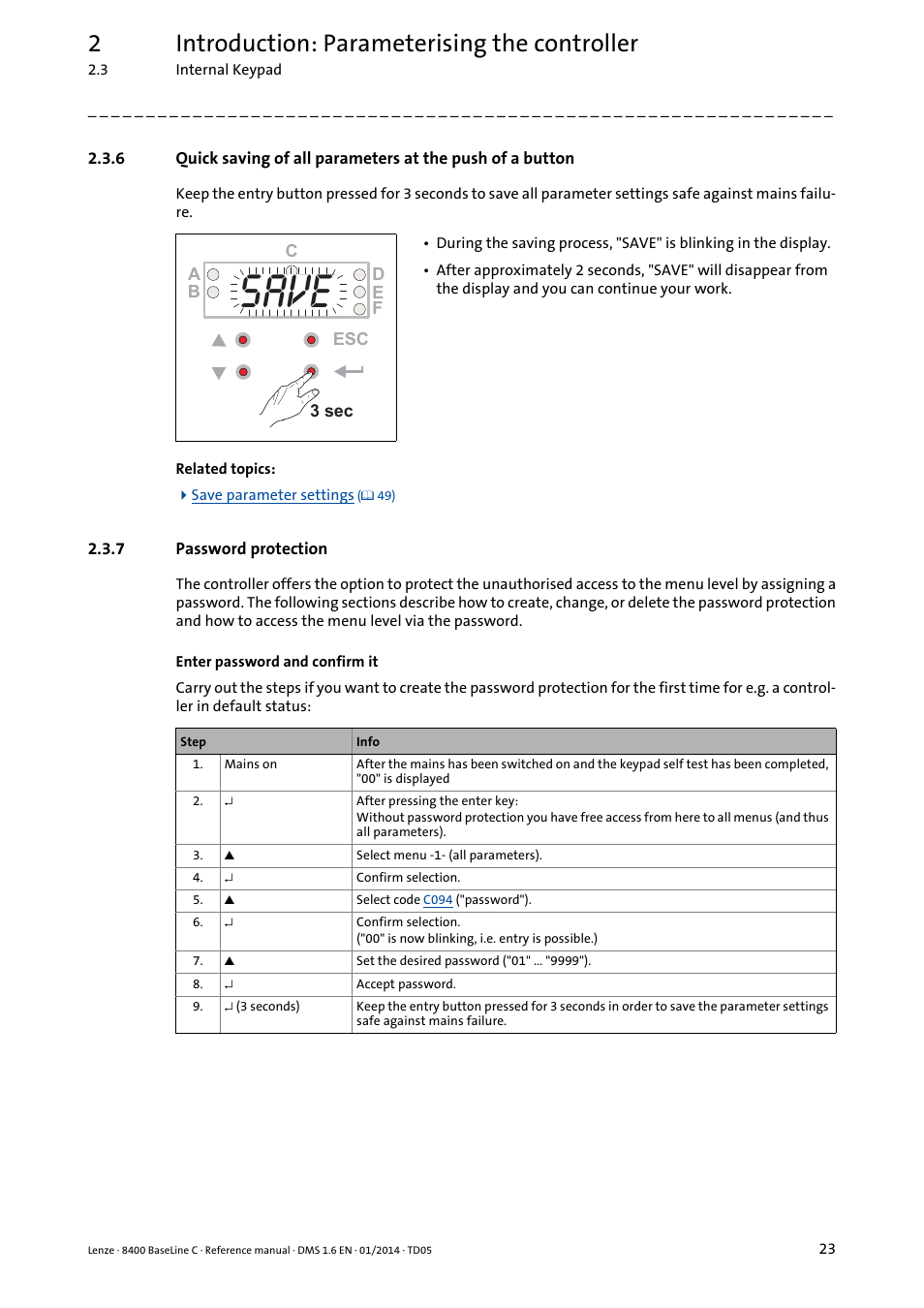 7 password protection, Password protection, Save | 2introduction: parameterising the controller | Lenze 8400 BaseLine C User Manual | Page 23 / 342