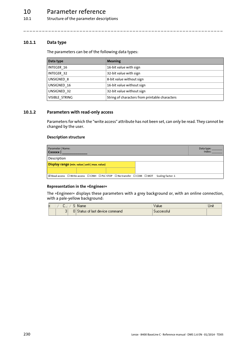 1 data type, 2 parameters with read-only access, Data type | Parameters with read-only access, 10 parameter reference | Lenze 8400 BaseLine C User Manual | Page 230 / 342