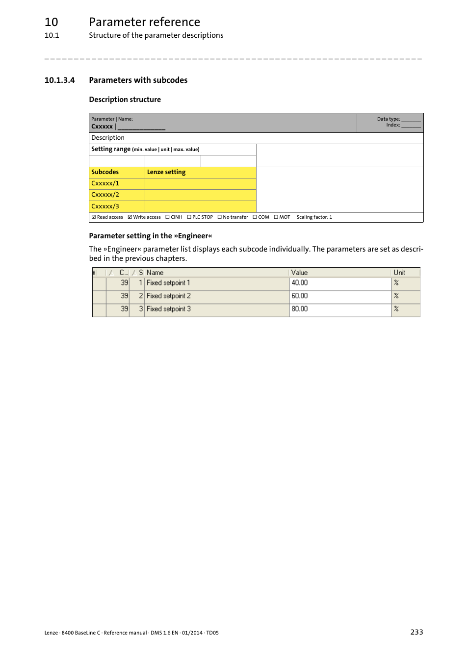 4 parameters with subcodes, Parameters with subcodes, 10 parameter reference | Lenze 8400 BaseLine C User Manual | Page 233 / 342