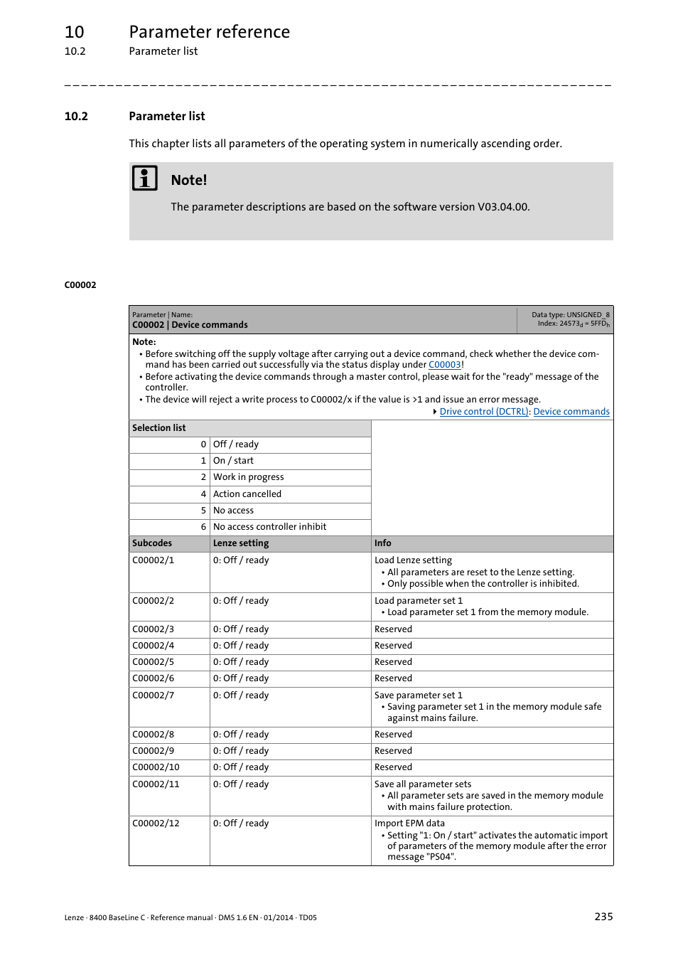 2 parameter list, C00002 | device commands, Code | C002, C002/1, Mmand, C002/x, Thes, C003, By writing to | Lenze 8400 BaseLine C User Manual | Page 235 / 342
