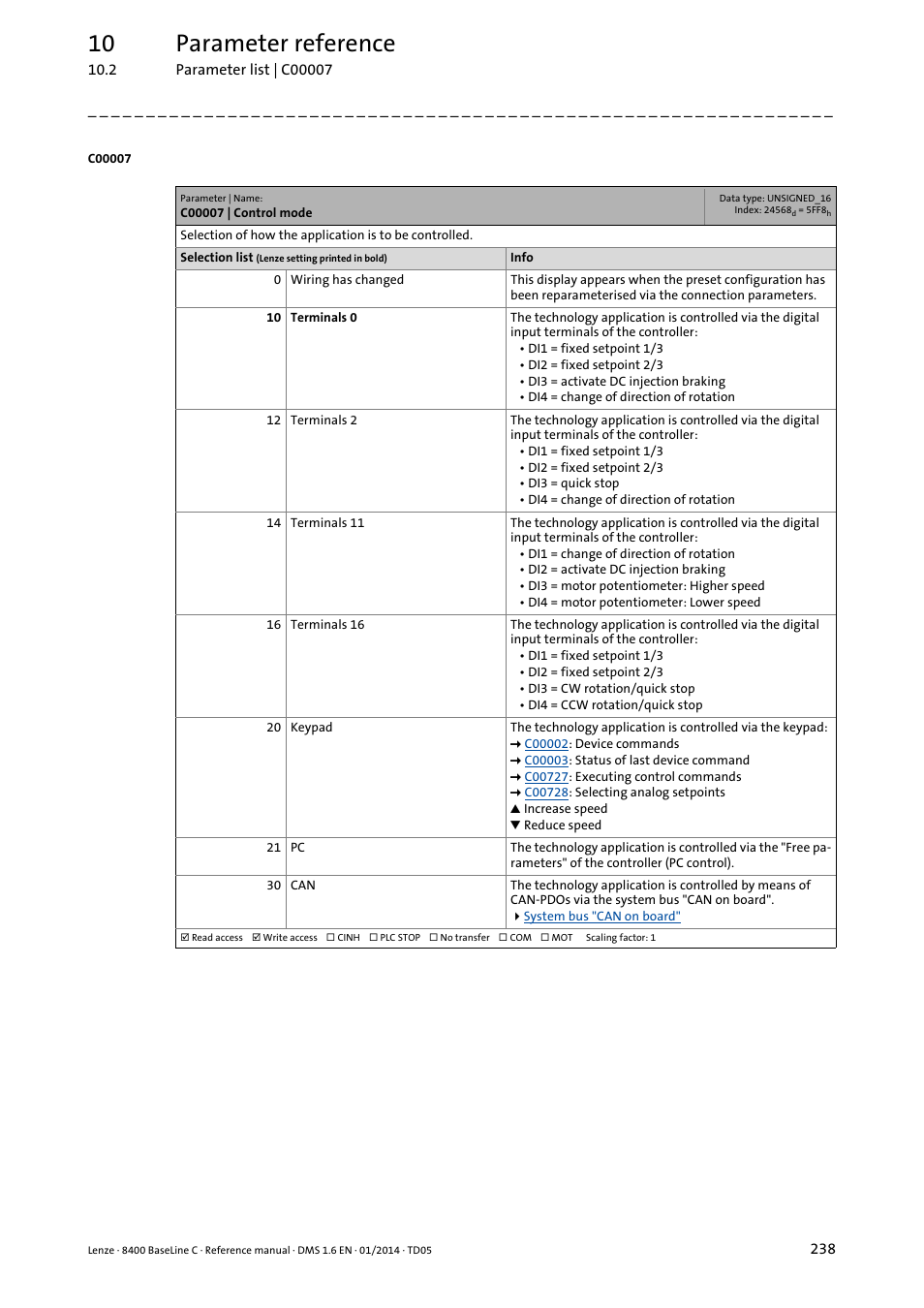 C00007 | control mode, C007, Selection of contro | De in, C007), 10 parameter reference | Lenze 8400 BaseLine C User Manual | Page 238 / 342