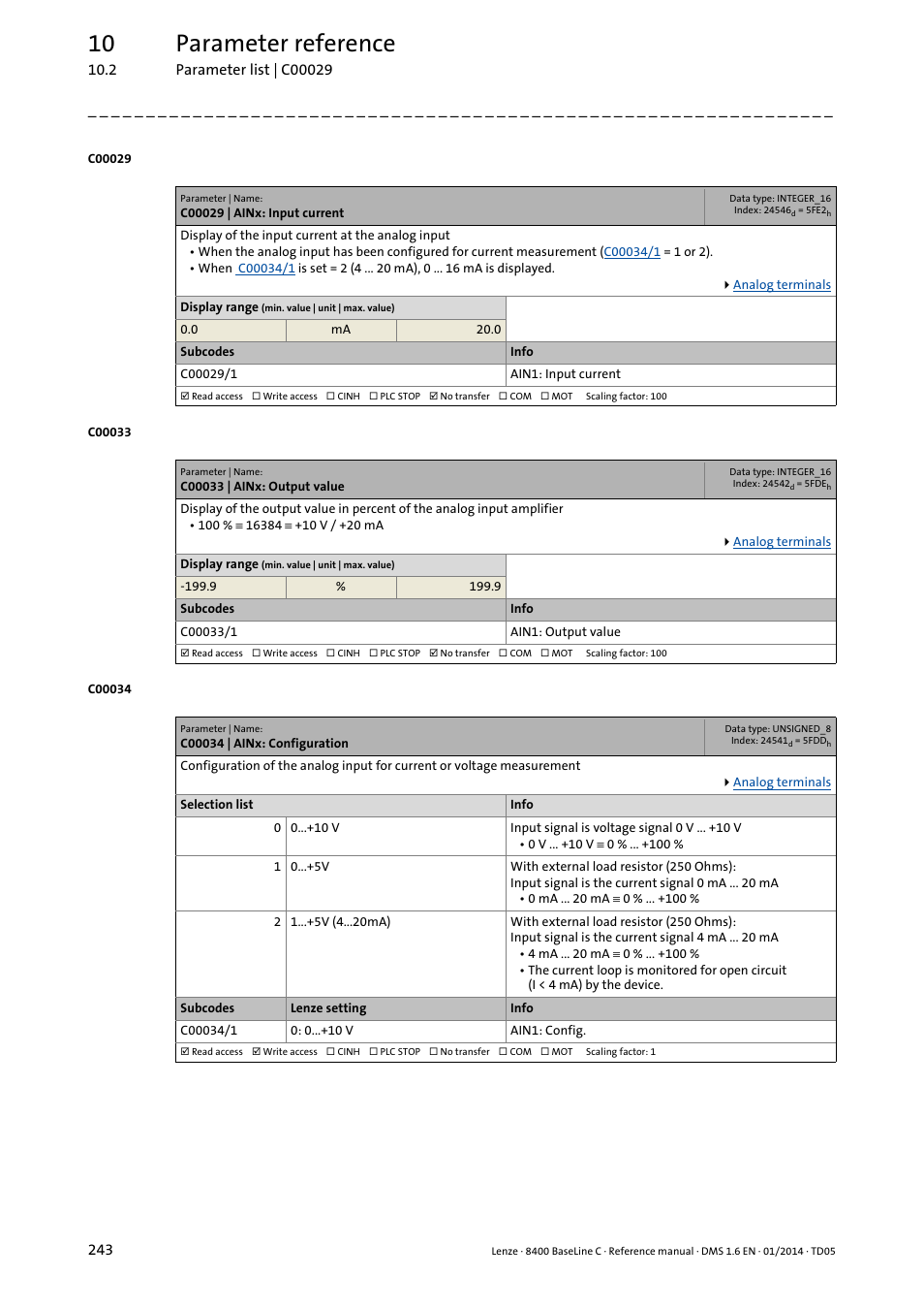 C00029 | ainx: input current, C00033 | ainx: output value, C00034 | ainx: configuration | C034/1, C033/1, When, 10 parameter reference | Lenze 8400 BaseLine C User Manual | Page 243 / 342