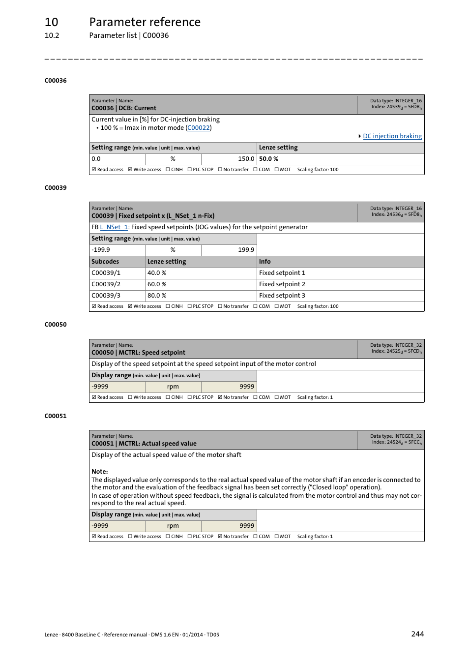 C00036 | dcb: current, C00039 | fixed setpoint x (l_nset_1 n-fix), C00050 | mctrl: speed setpoint | C00051 | mctrl: actual speed value, C039, C051, C039/1, C039/2, C039/3, Is used as setpoint speed | Lenze 8400 BaseLine C User Manual | Page 244 / 342