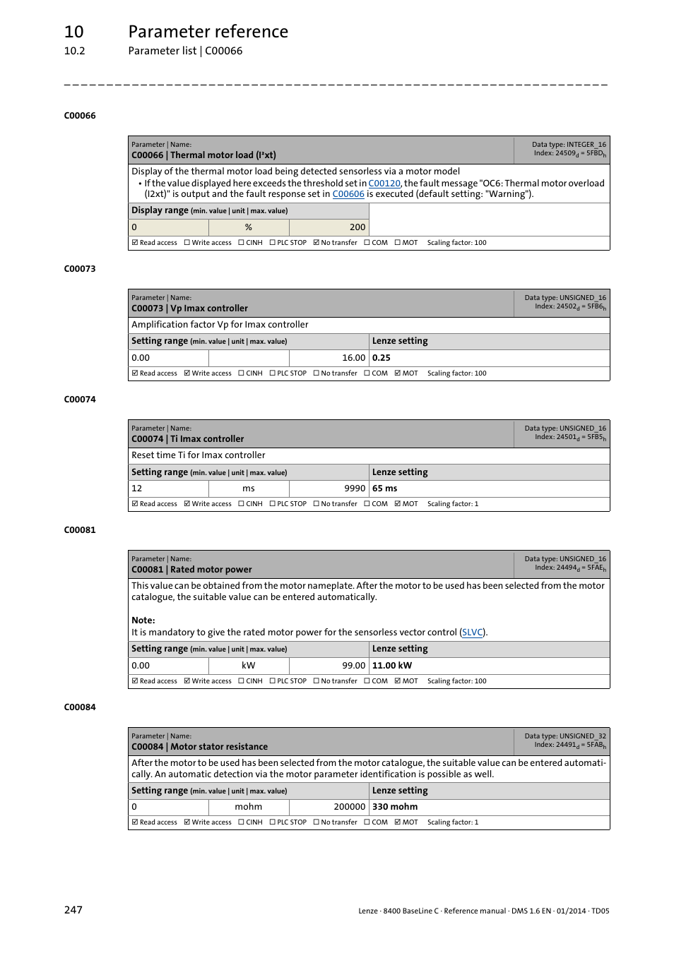 C00066 | thermal motor load (i·xt), C00073 | vp imax controller, C00074 | ti imax controller | C00081 | rated motor power, C00084 | motor stator resistance, C081, C066, C084, C074/1, C074 | Lenze 8400 BaseLine C User Manual | Page 247 / 342