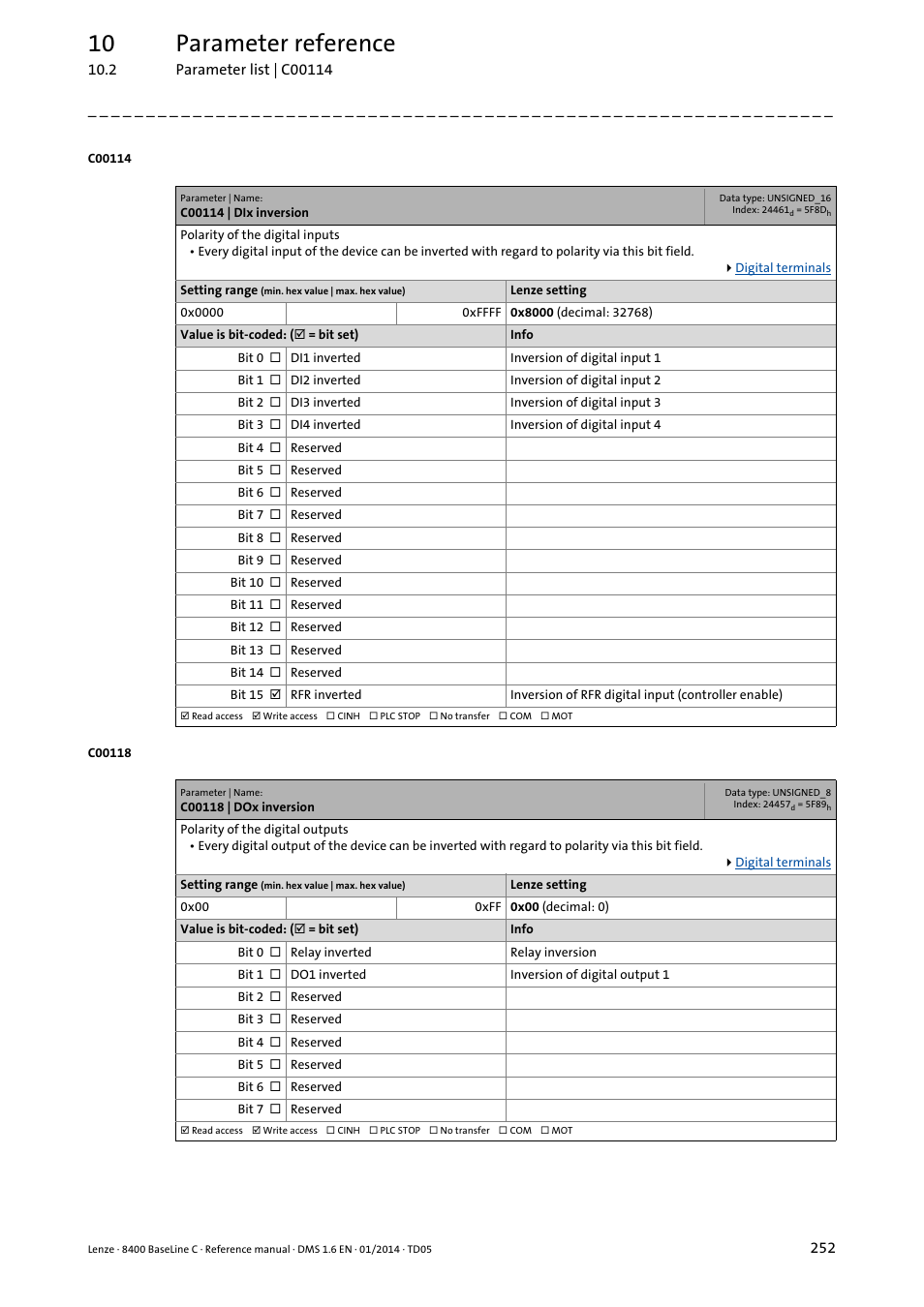 C00114 | dix inversion, C00118 | dox inversion, C114 | C118, 10 parameter reference | Lenze 8400 BaseLine C User Manual | Page 252 / 342
