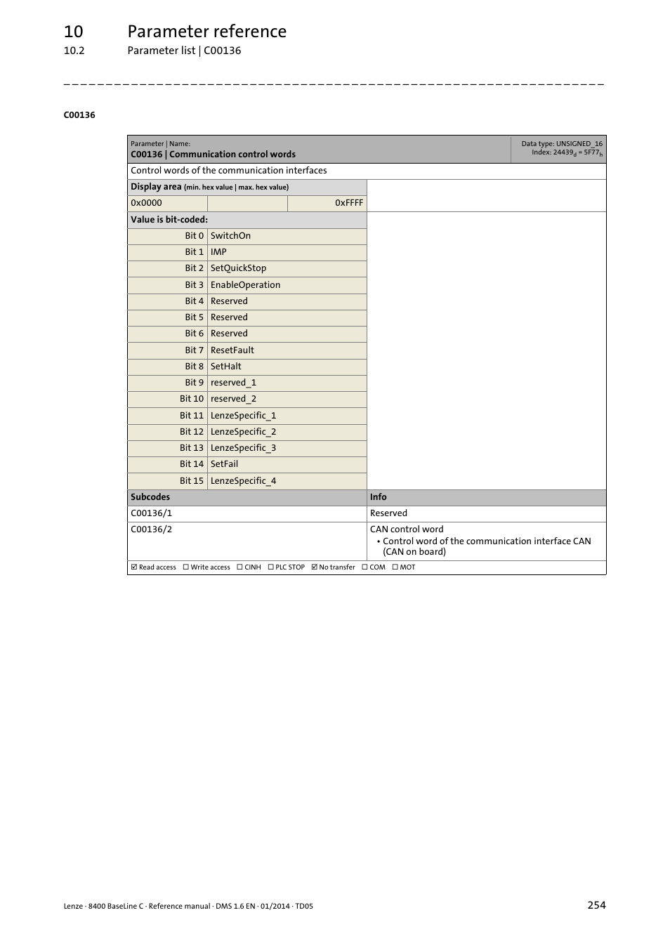 C00136 | communication control words, C136/2, 10 parameter reference | Lenze 8400 BaseLine C User Manual | Page 254 / 342