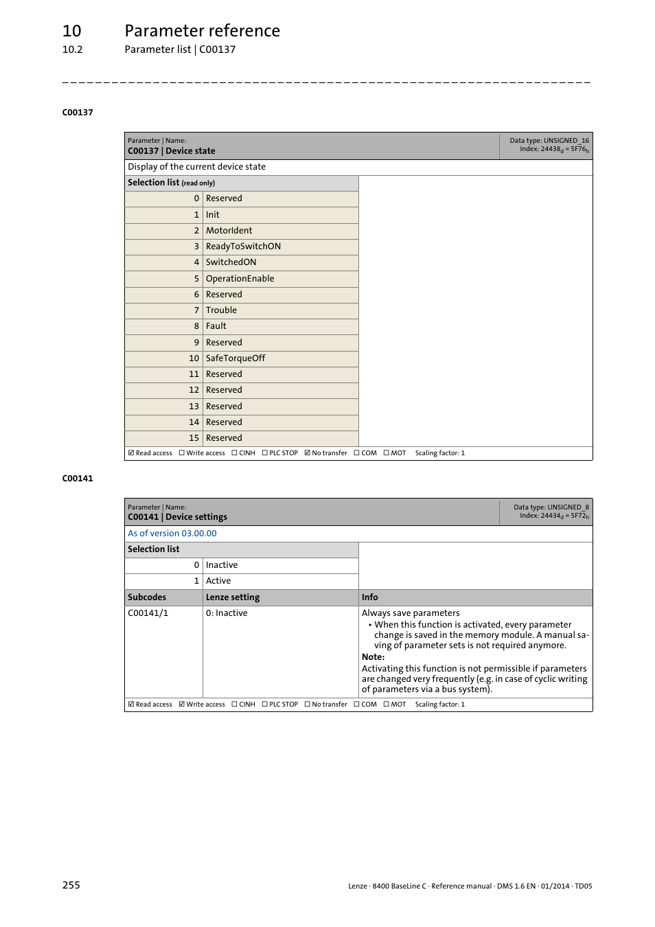 C00137 | device state, C00141 | device settings, C137 | C141, Tive" in, C141/1, Displa, 10 parameter reference | Lenze 8400 BaseLine C User Manual | Page 255 / 342