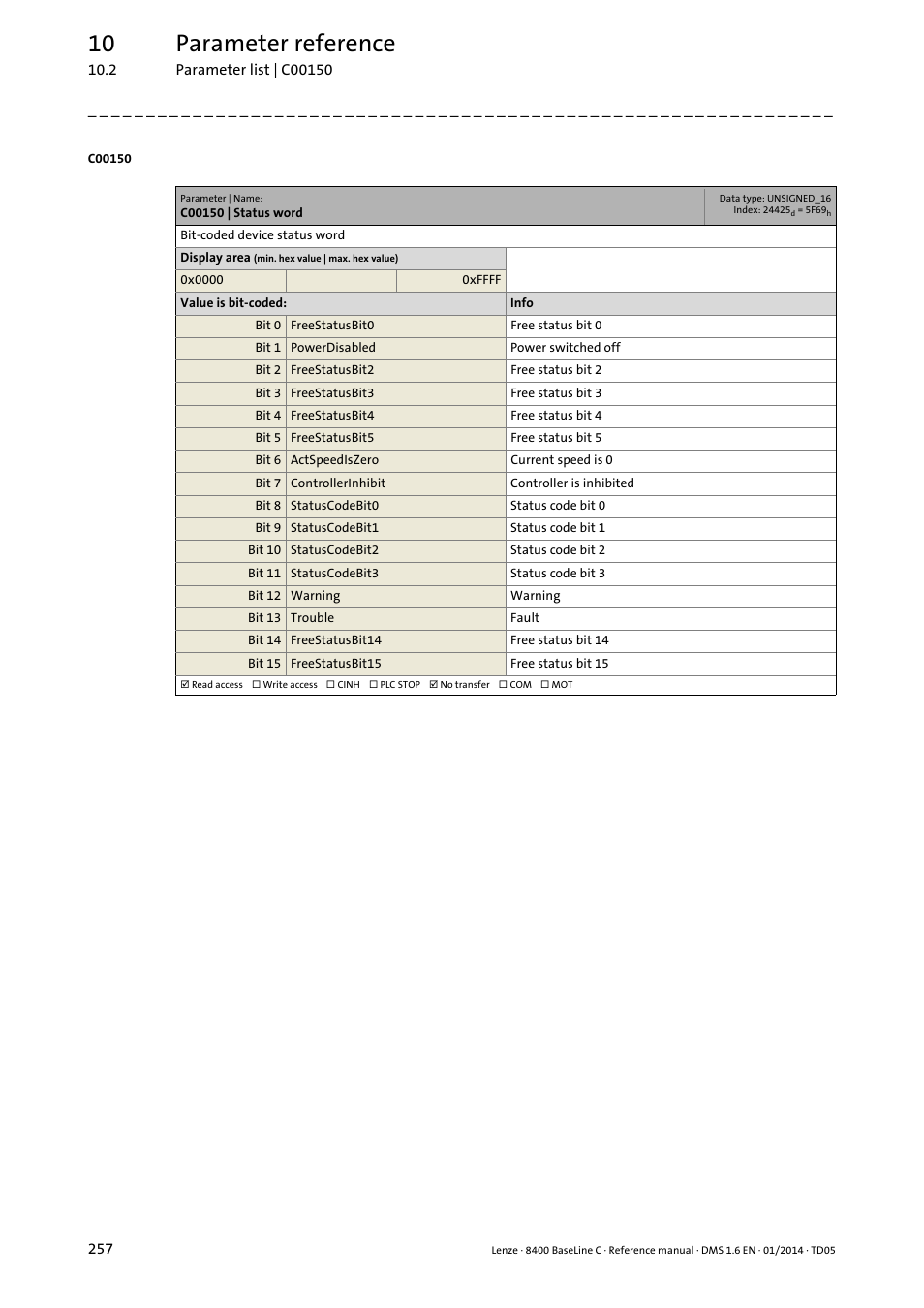 C00150 | status word, C150, 10 parameter reference | Lenze 8400 BaseLine C User Manual | Page 257 / 342