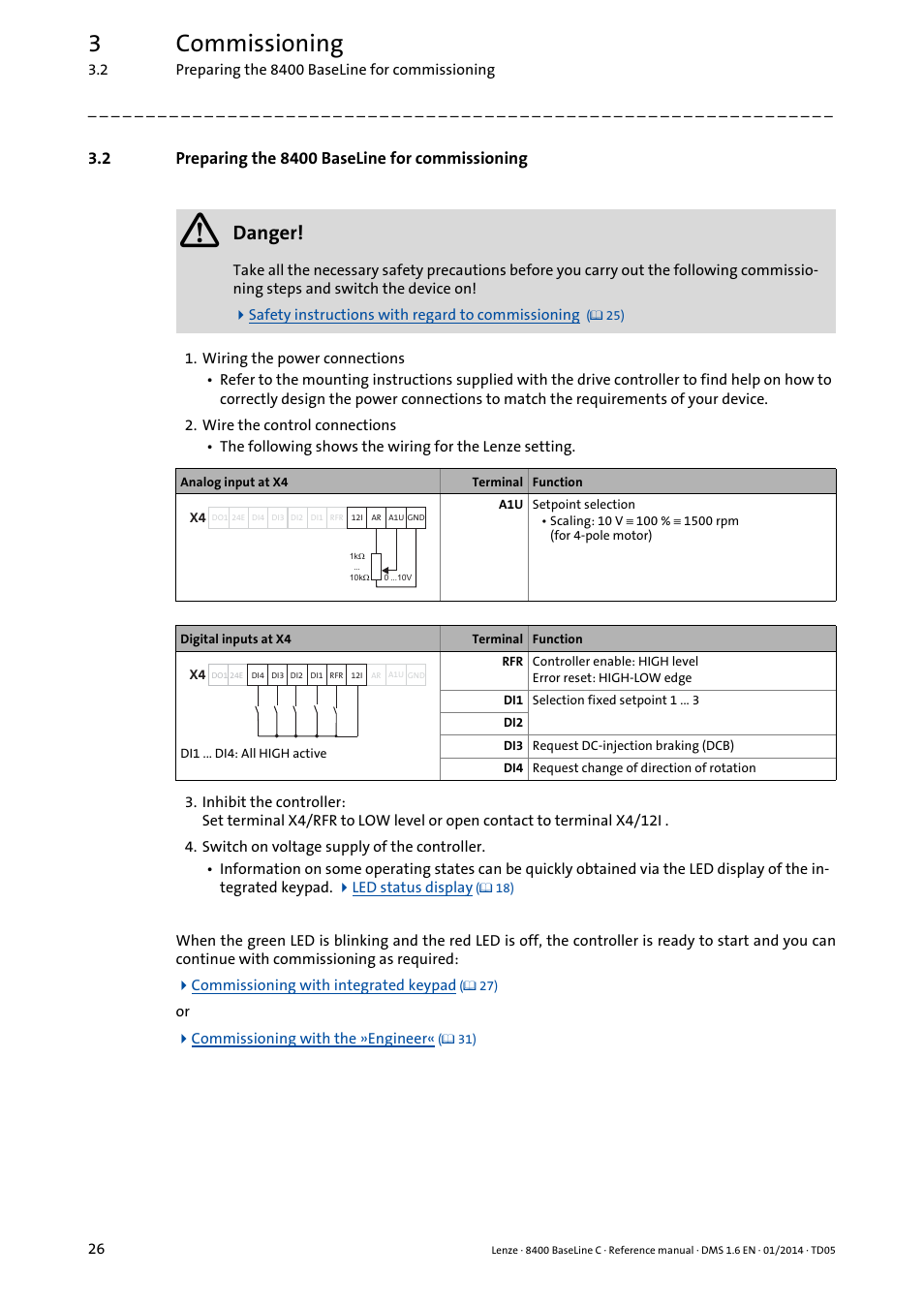 2 preparing the 8400 baseline for commissioning, Preparing the 8400 baseline for commissioning, 3commissioning | Danger | Lenze 8400 BaseLine C User Manual | Page 26 / 342