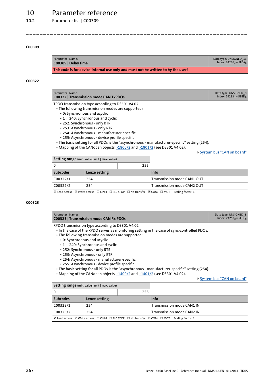 C00322 | transmission mode can txpdos, C00323 | transmission mode can rx pdos, C00322/1 | C00322/2, C00323/1, C323/1, C323/2, C322/1, C322/2, 10 parameter reference | Lenze 8400 BaseLine C User Manual | Page 267 / 342