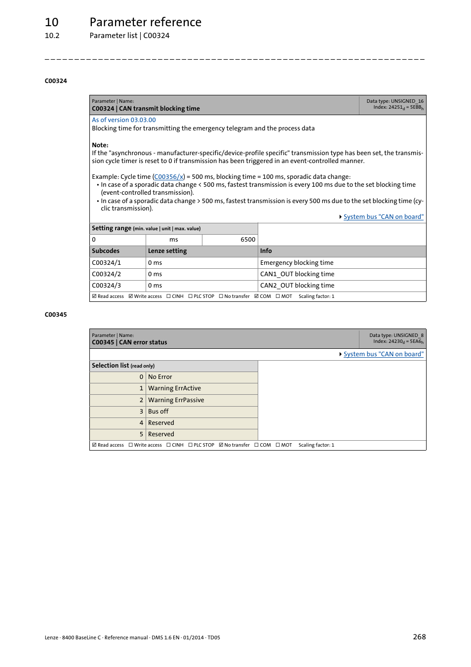 C00324 | can transmit blocking time, C00345 | can error status, C345 | C00324/x, C00324/2, C00324/3, 10 parameter reference | Lenze 8400 BaseLine C User Manual | Page 268 / 342