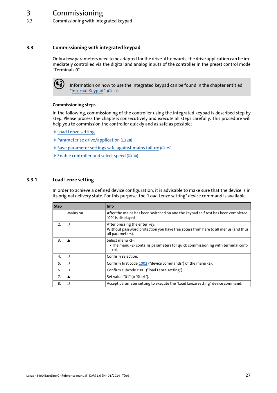 3 commissioning with integrated keypad, 1 load lenze setting, Commissioning with integrated keypad | Load lenze setting, 3commissioning | Lenze 8400 BaseLine C User Manual | Page 27 / 342
