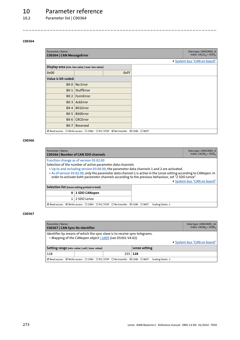 C00364 | can messageerror, C00366 | number of can sdo channels, C00367 | can sync-rx-identifier | C367, Codes, 10 parameter reference | Lenze 8400 BaseLine C User Manual | Page 273 / 342