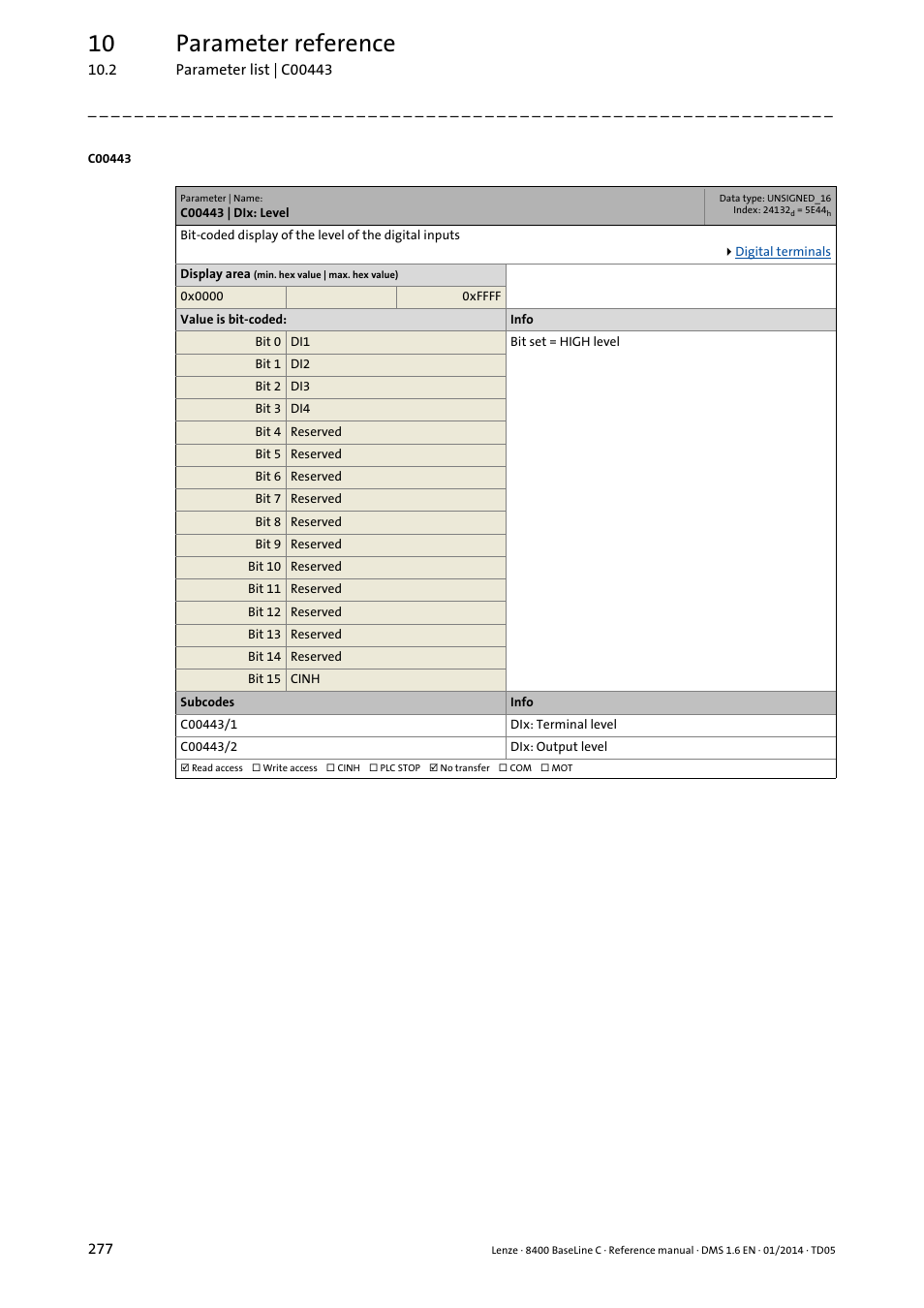 C00443 | dix: level, C443/1, C443/2 | 10 parameter reference | Lenze 8400 BaseLine C User Manual | Page 277 / 342
