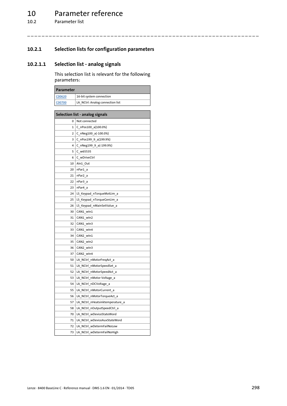 1 selection lists for configuration parameters, 1 selection list - analog signals, Selection lists for configuration parameters | Selection list - analog signals, 10 parameter reference | Lenze 8400 BaseLine C User Manual | Page 298 / 342