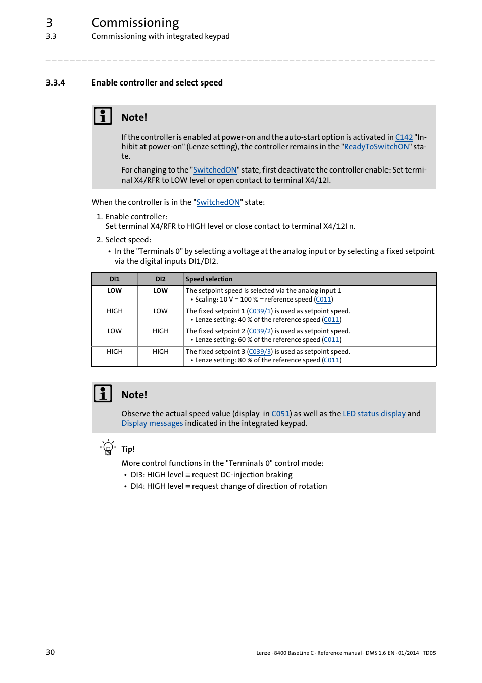 4 enable controller and select speed, Enable controller and select speed, 3commissioning | Lenze 8400 BaseLine C User Manual | Page 30 / 342