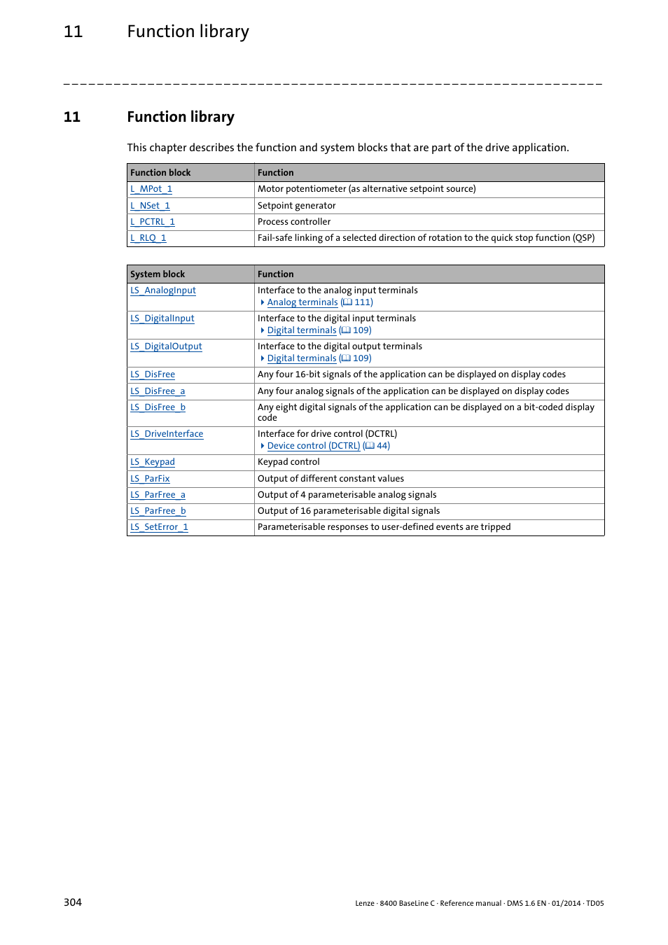 11 function library, Function library | Lenze 8400 BaseLine C User Manual | Page 304 / 342