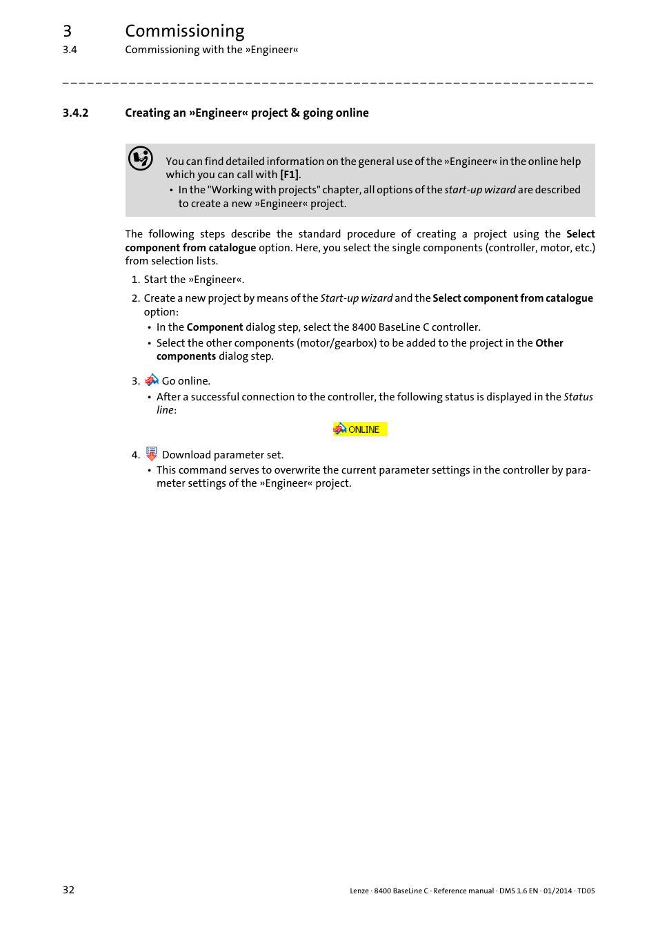 2 creating an »engineer« project & going online, Creating an »engineer« project & going online, 3commissioning | Lenze 8400 BaseLine C User Manual | Page 32 / 342