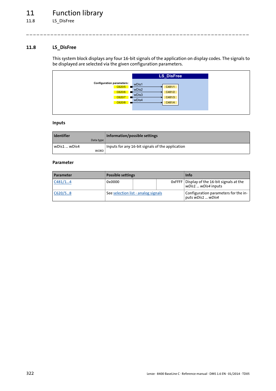 8 ls_disfree, Ls_disfree, Display of | 11 function library | Lenze 8400 BaseLine C User Manual | Page 322 / 342